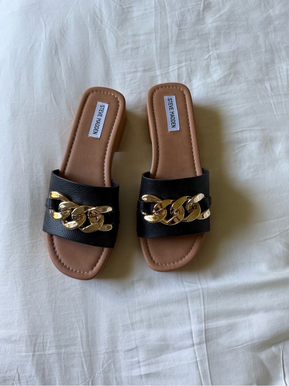 Steve Madden Black Slide Sandals with Gold Chain Accent